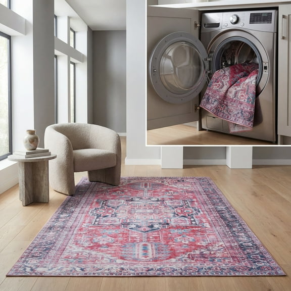 SAFAVIEH Serapi Doncho Traditional Machine Washable Area Rug, Navy/Red, 3'3" x 5'