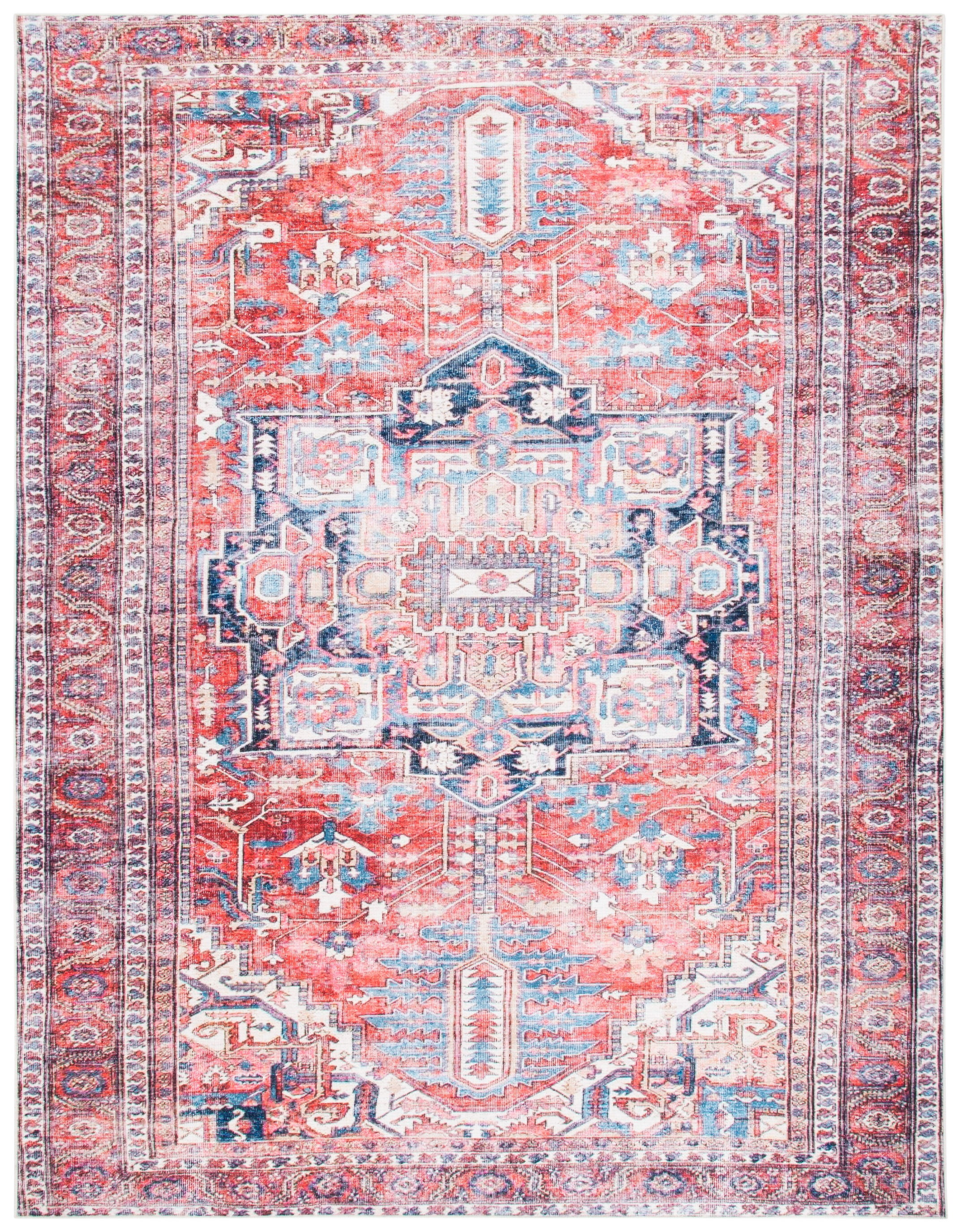 Serapi Red and Navy 6'7" x 9' Machine Washable Viscose Area Rug