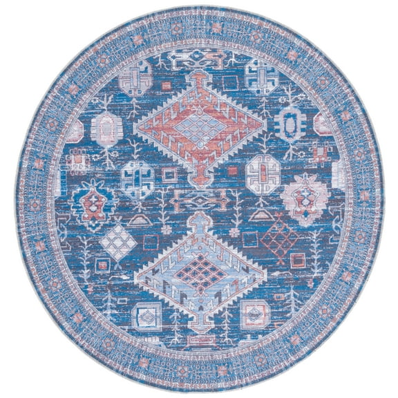 SAFAVIEH Serapi Eamon Oriental Machine Washable Area Rug, Blue/Ivory, 6'7" x 6'7" Round