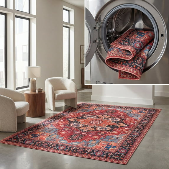 SAFAVIEH Serapi Glenn Oriental Machine Washable Area Rug, Red/Blue, 3'3" x 5'