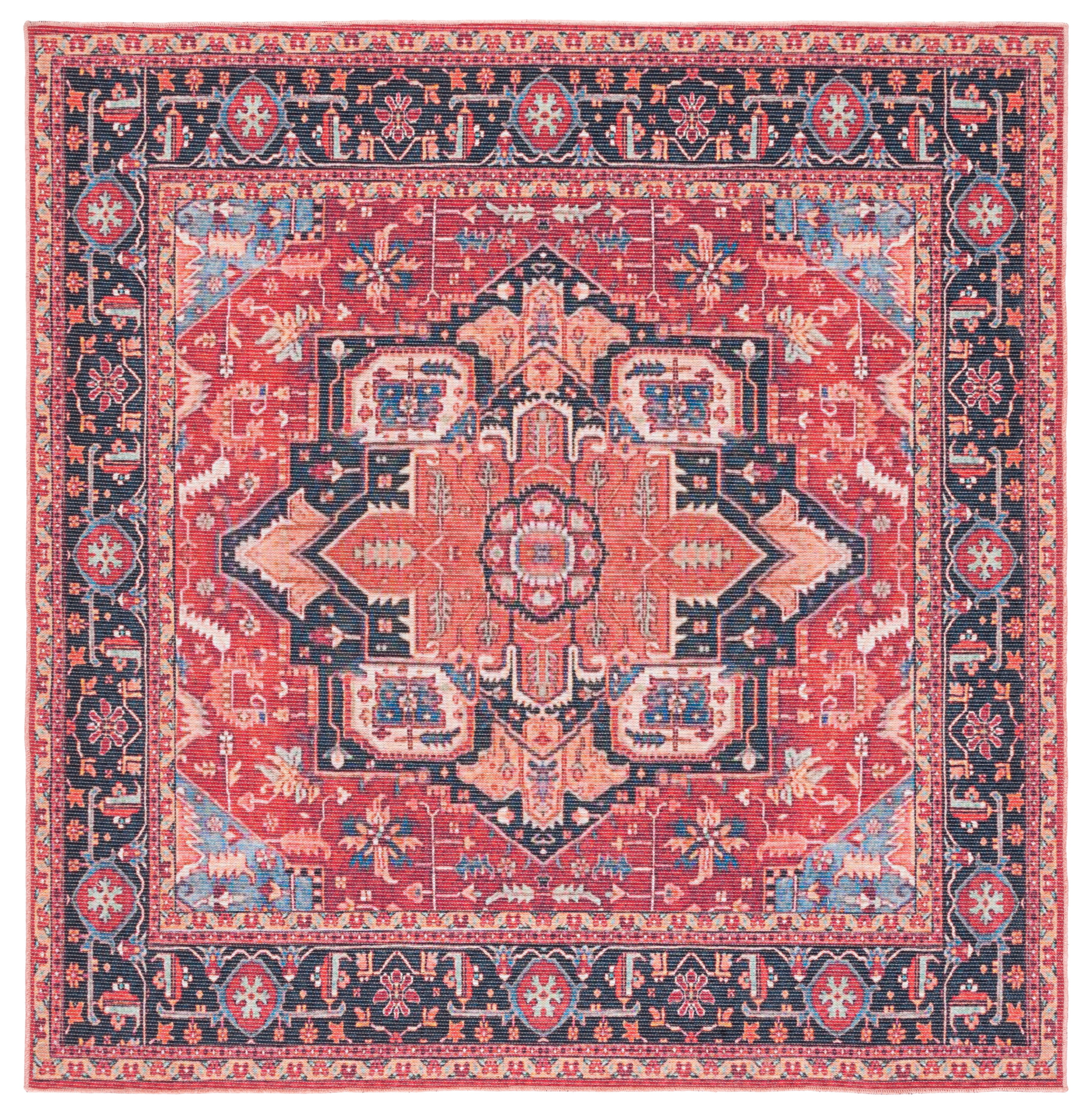 Serapi Red and Blue Square Machine Washable Rug