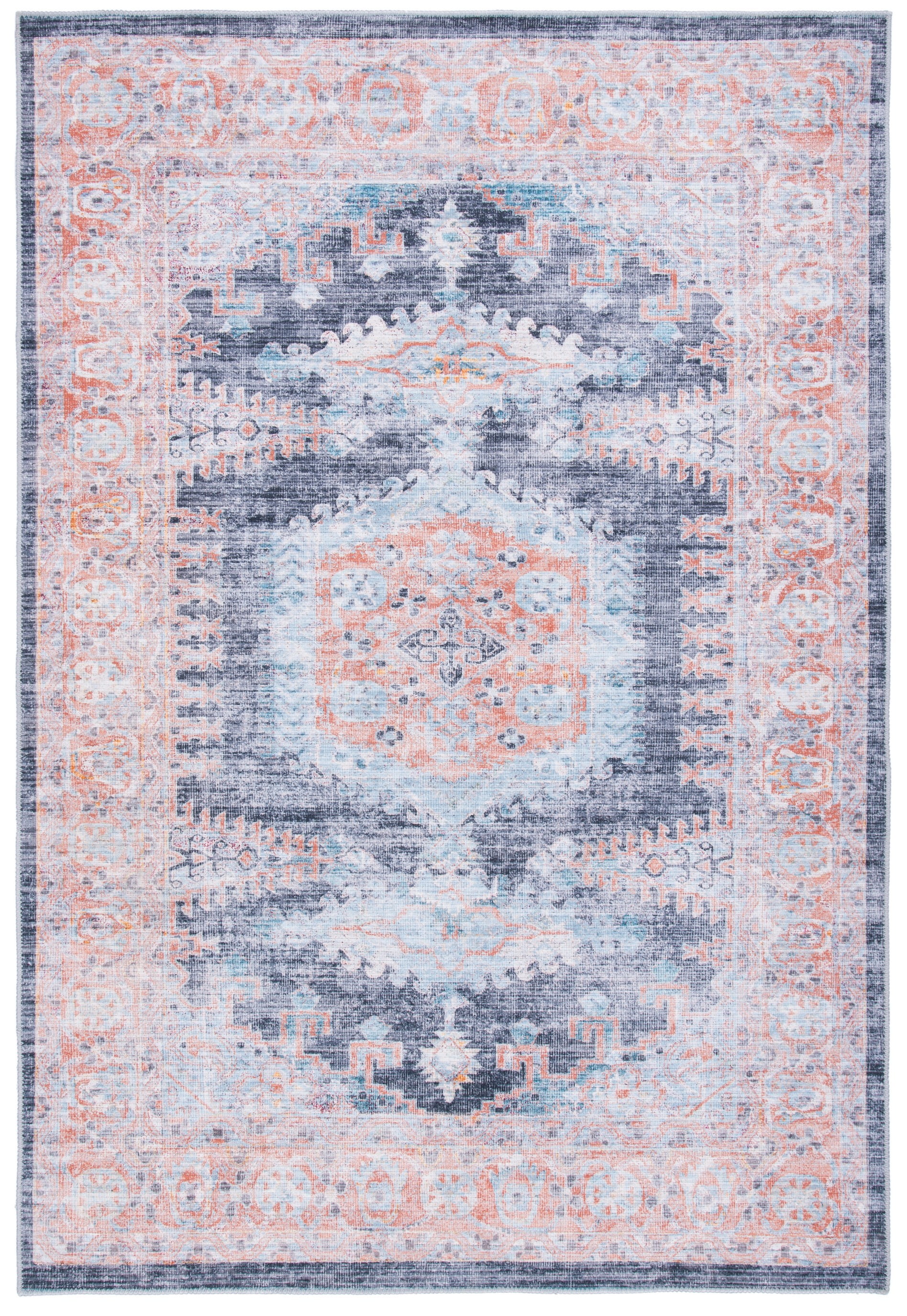 Serapi Blue and Terracotta Synthetic Chenille 4' x 6' Washable Rug