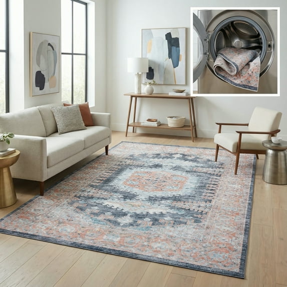 SAFAVIEH Serapi Glenna Traditional Machine Washable Area Rug, Terracotta/Blue, 9' x 12'