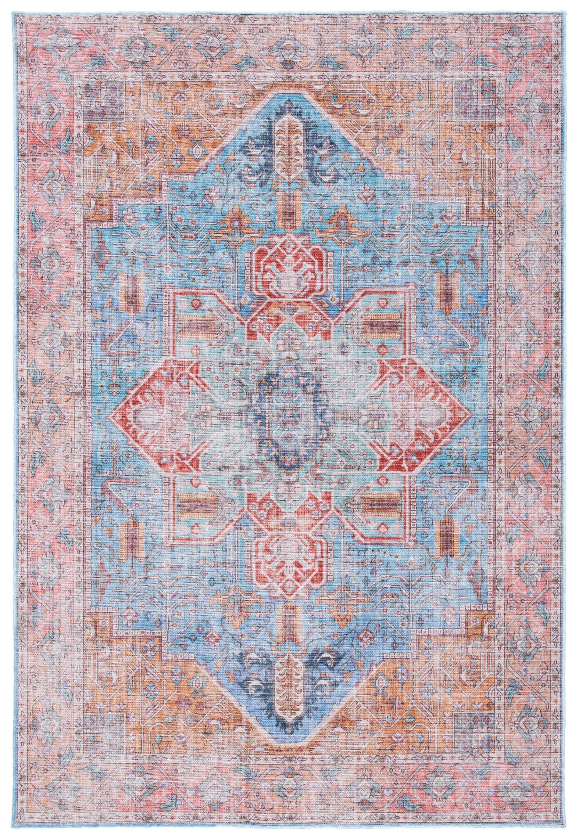 Serapi Blue and Rust Washable Rectangular Area Rug