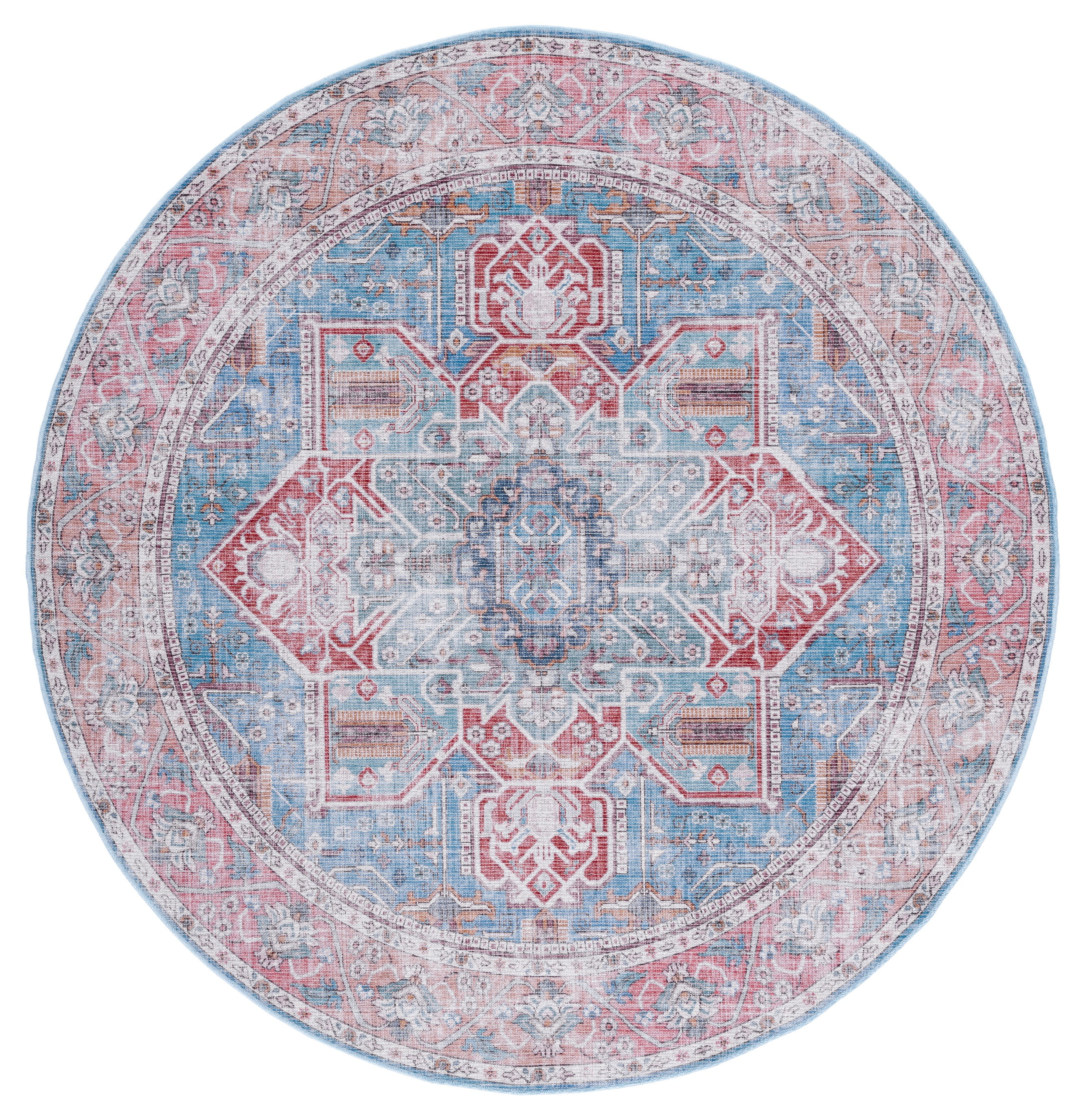 Serapi Blue and Rust Round Washable Viscose Chenille Area Rug