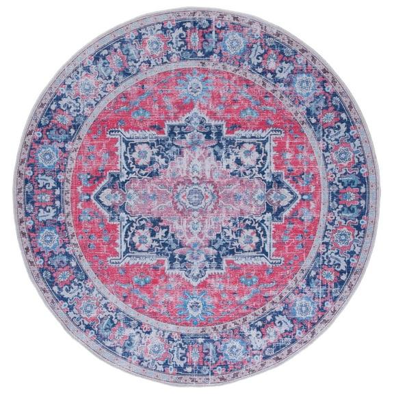 SAFAVIEH Serapi Joisse Traditional Machine Washable Area Rug, Red/Navy, 6'7" x 6'7" Round