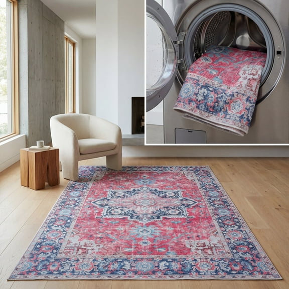 SAFAVIEH Serapi Joisse Traditional Machine Washable Area Rug, Red/Navy, 6'7" x 6'7" Square