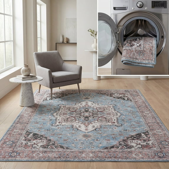 SAFAVIEH Serapi Katelyn Oriental Machine Washable Area Rug, Blue/Rust, 4' x 6'