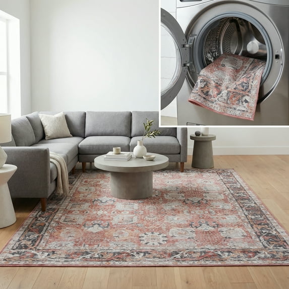 SAFAVIEH Serapi Kim Oriental Machine Washable Area Rug, Rust/Grey, 9' x 12'