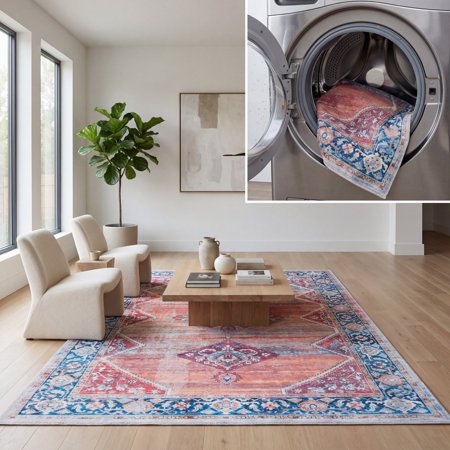SAFAVIEH Serapi Kimberlyn Traditional Machine Washable Area Rug, Rust/Navy, 8' x 10'