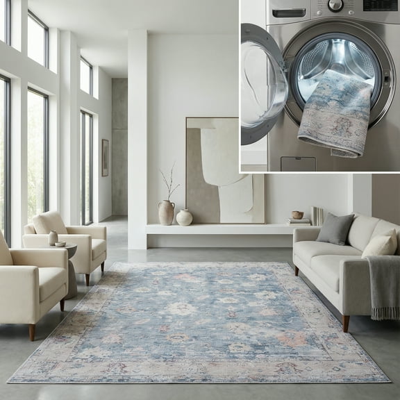 SAFAVIEH Serapi Maximillian Oriental Machine Washable Area Rug, Blue/Beige, 6'7" x 6'7" Square