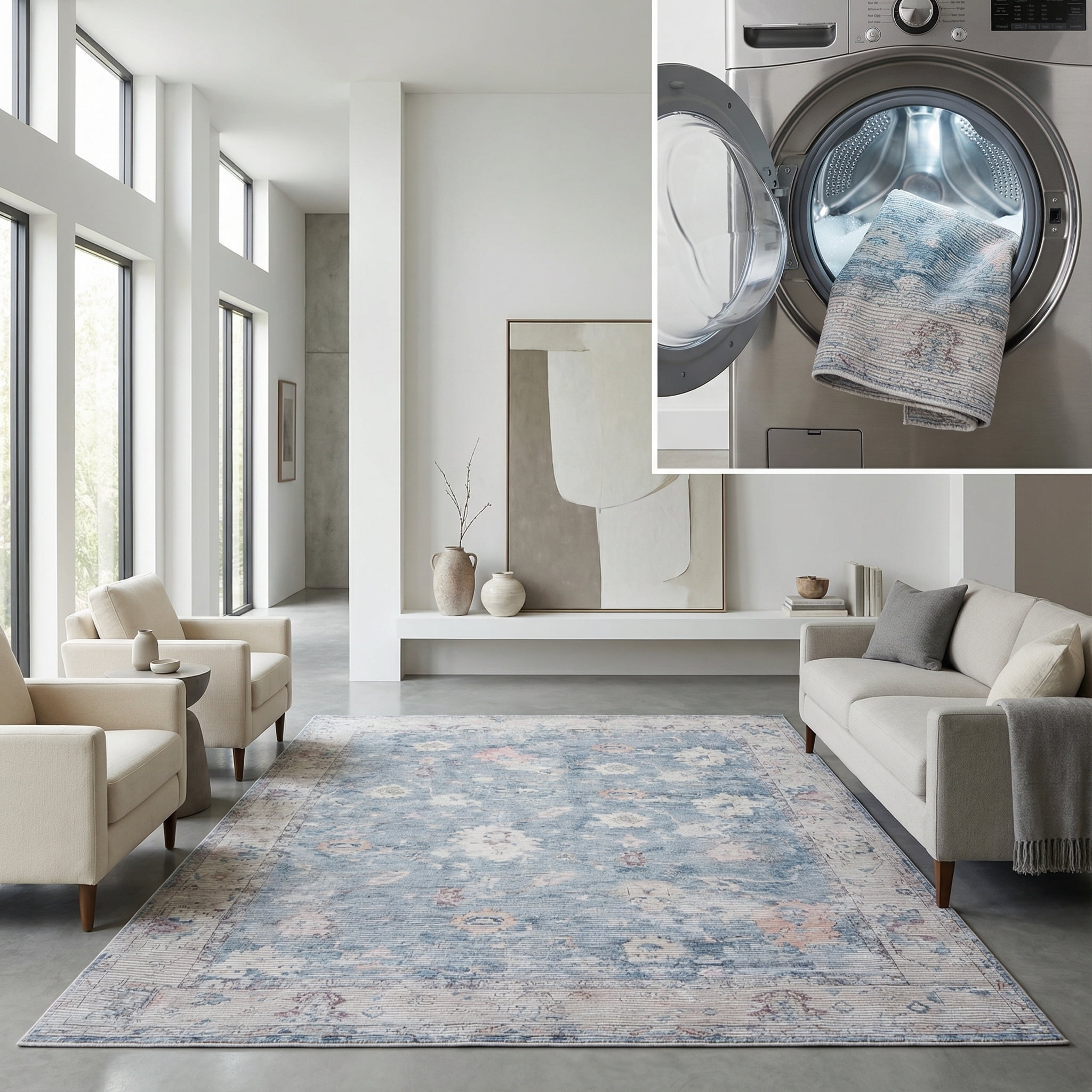 SAFAVIEH Serapi Maximillian Oriental Machine Washable Area Rug, Blue/Beige, 9' x 12'