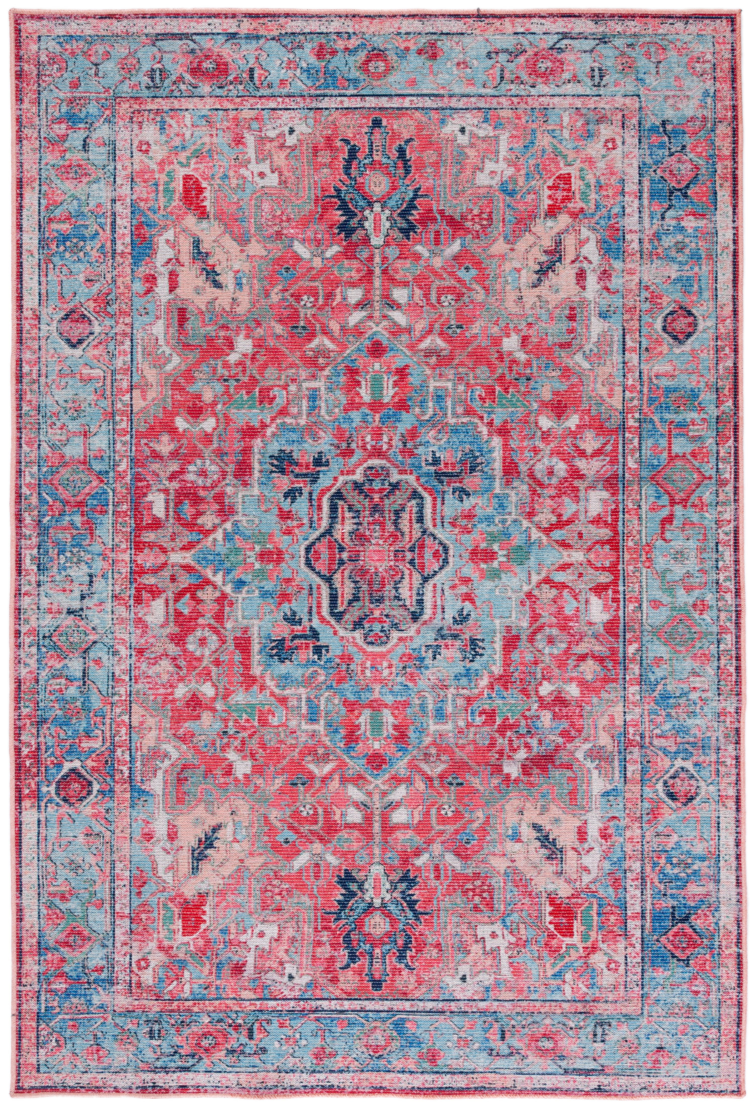 Serapi Light Blue and Red Rectangular Viscose Chenille Area Rug, 4' x 6'