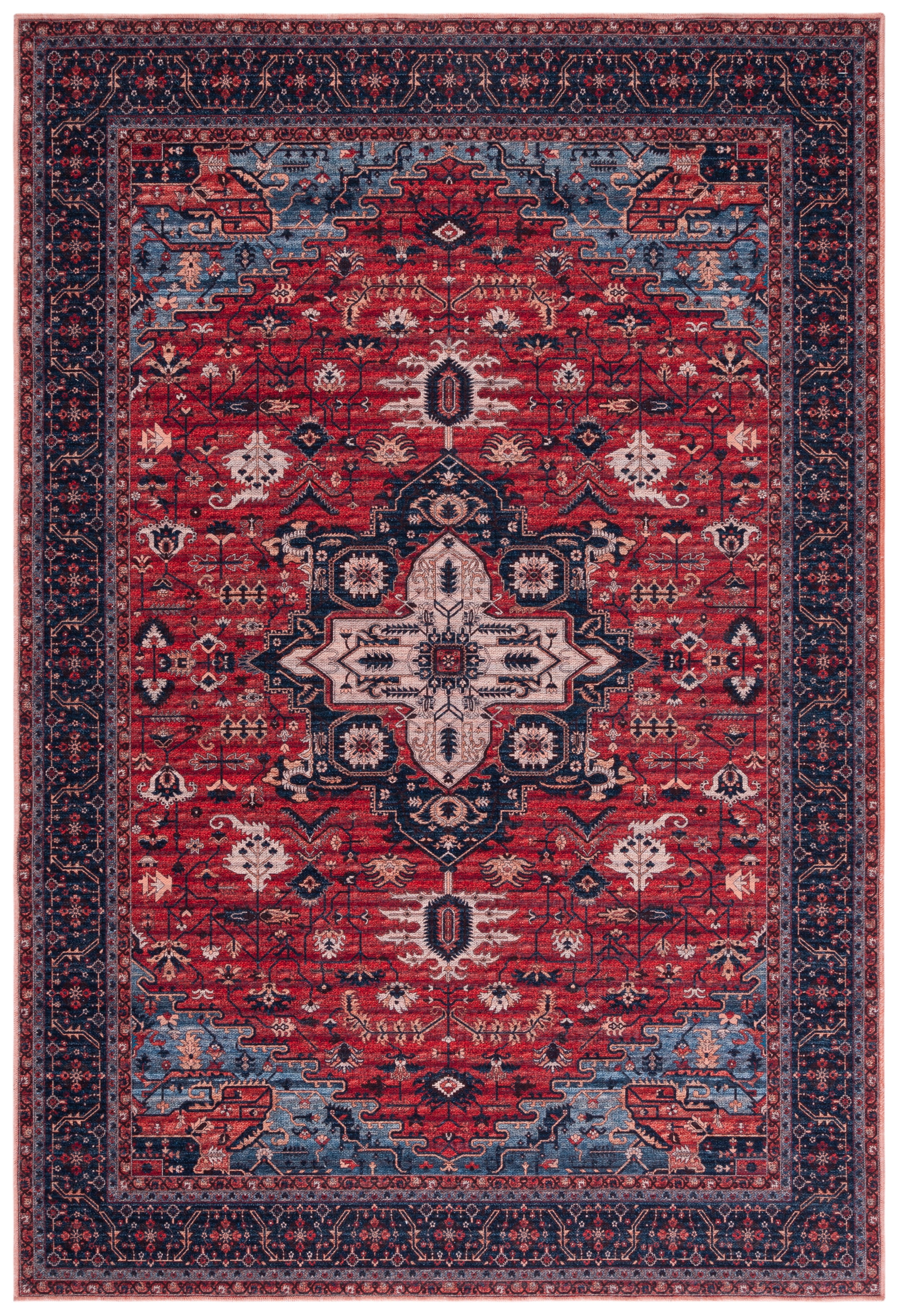 Red and Navy Rectangular Washable Viscose Area Rug
