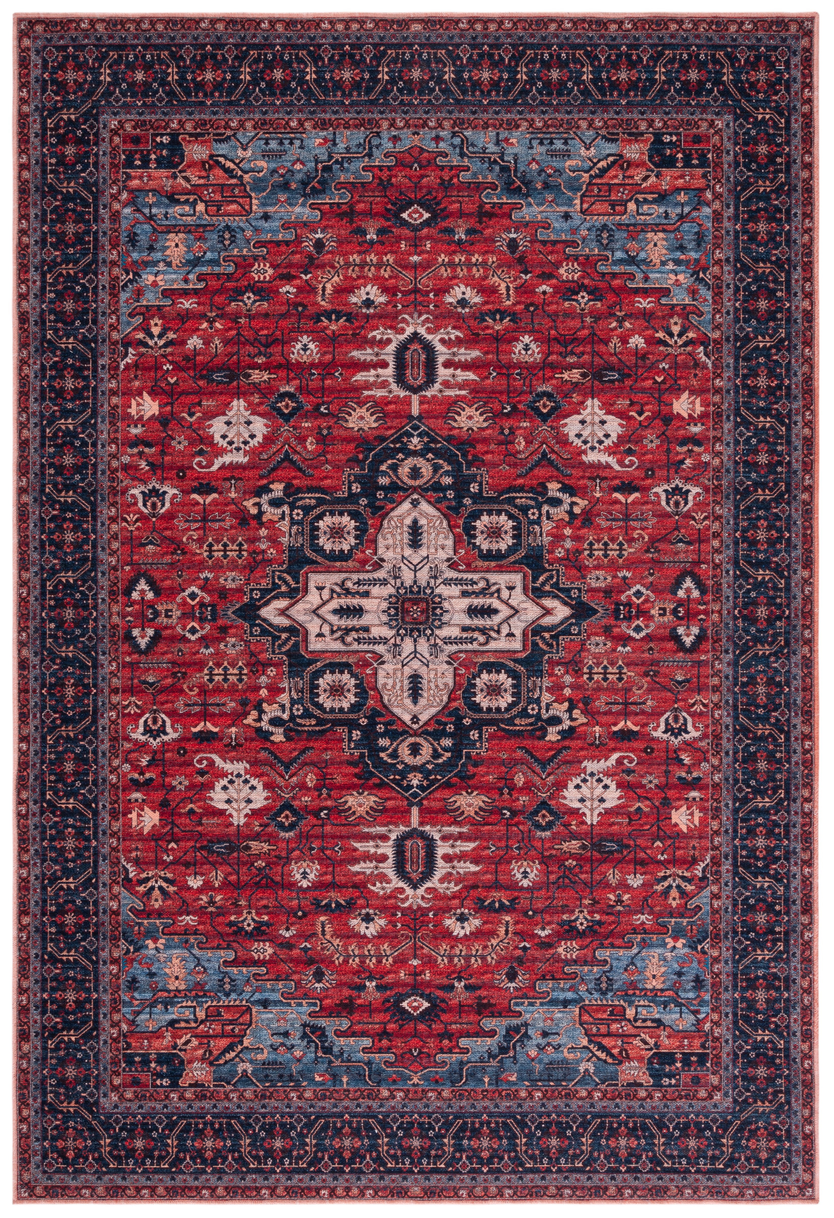 Serapi Red and Navy 4' x 6' Viscose Area Rug
