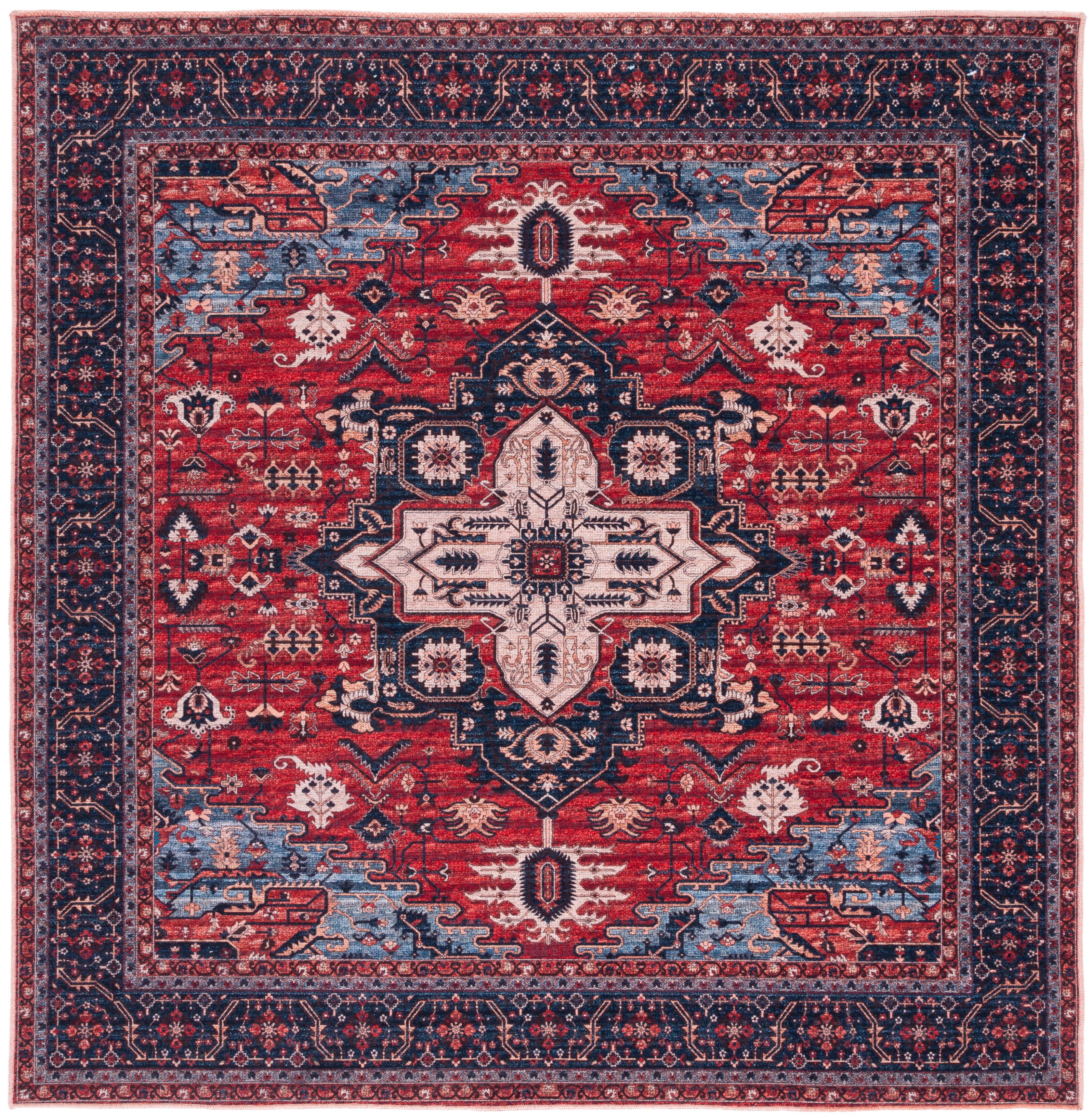 Serapi Red and Navy Square Viscose Area Rug