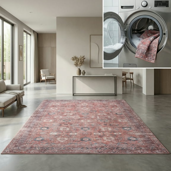 SAFAVIEH Serapi Stanley Oriental Machine Washable Area Rug, Rust/Blue, 5'3" x 7'6"