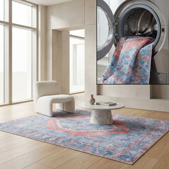 SAFAVIEH Serapi Teague Traditional Machine Washable Area Rug, Light Blue/Beige, 8' x 10'