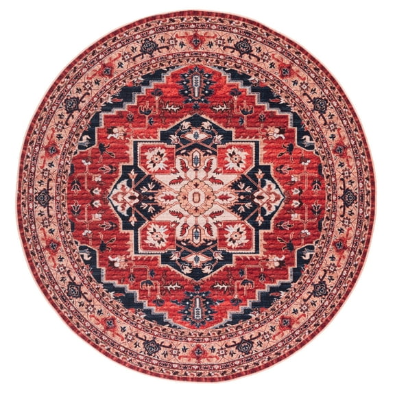 SAFAVIEH Serapi Valentina Oriental Machine Washable Area Rug, Red/Beige, 6'7" x 6'7" Round
