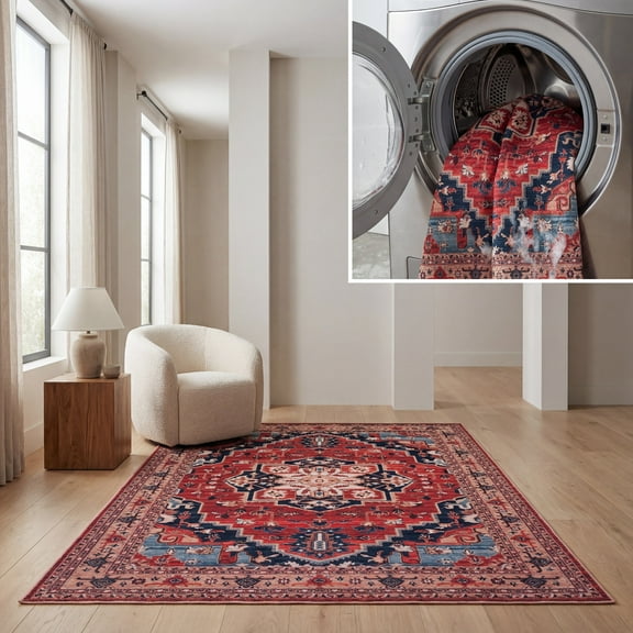 SAFAVIEH Serapi Valentina Oriental Machine Washable Area Rug, Red/Beige, 6'7" x 9'