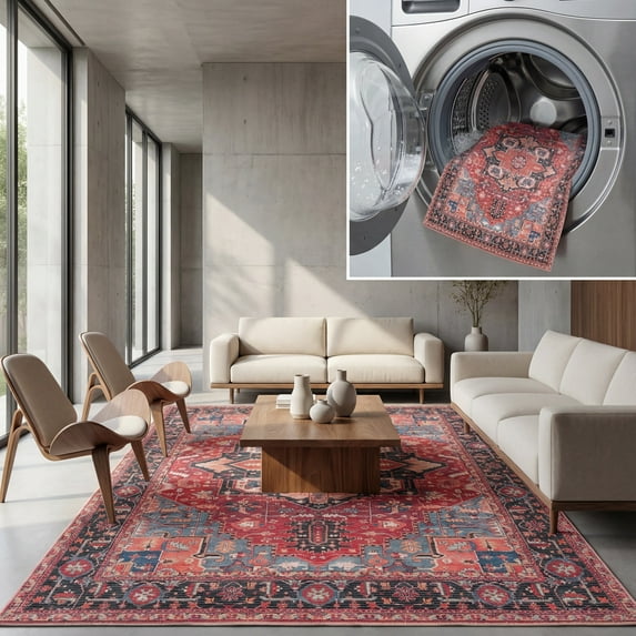 SAFAVIEH Serapi Winslow Oriental Machine Washable Area Rug, Red/Blue, 9' x 12'