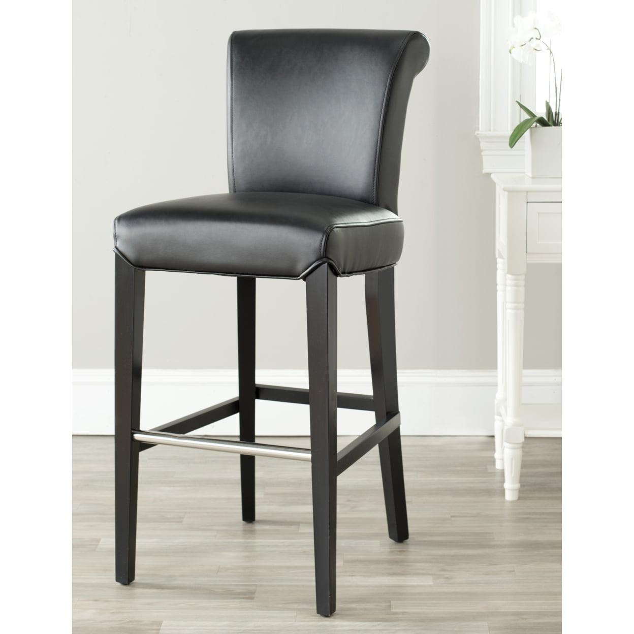 Seth Black Leather and Wood Parsons Bar Stool