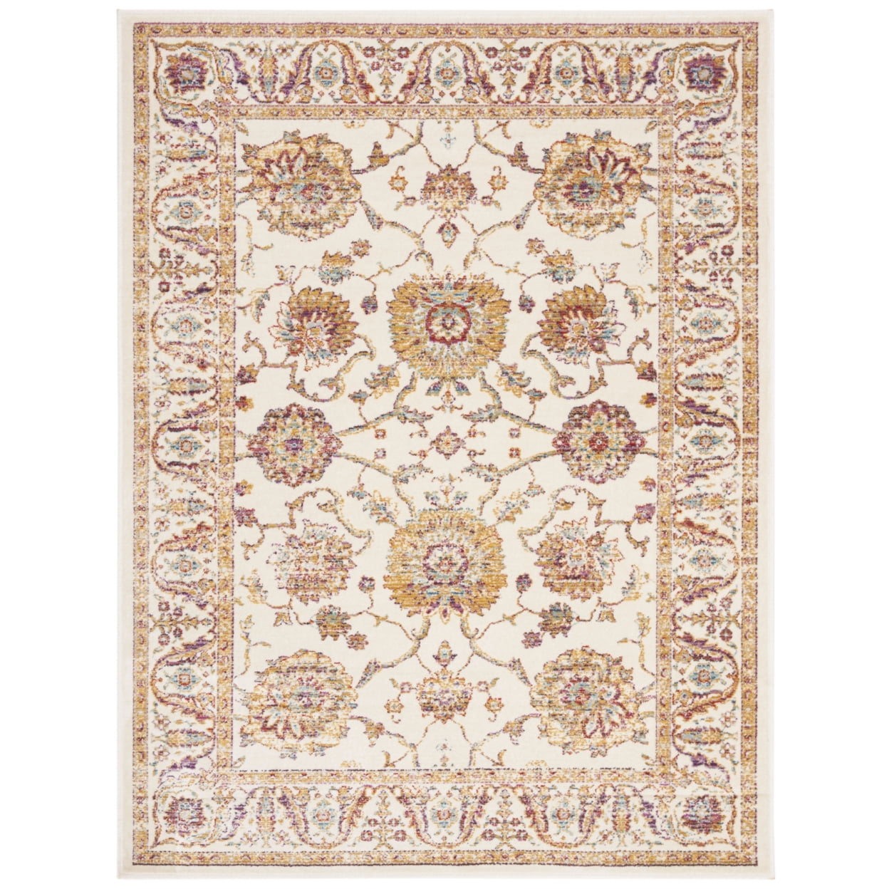 Ivory and Multi Hand-Knotted Viscose Rectangular Area Rug