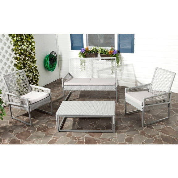 SAFAVIEH Shawmont Outdoor Patio 4 Piece Conversation Set, Grey