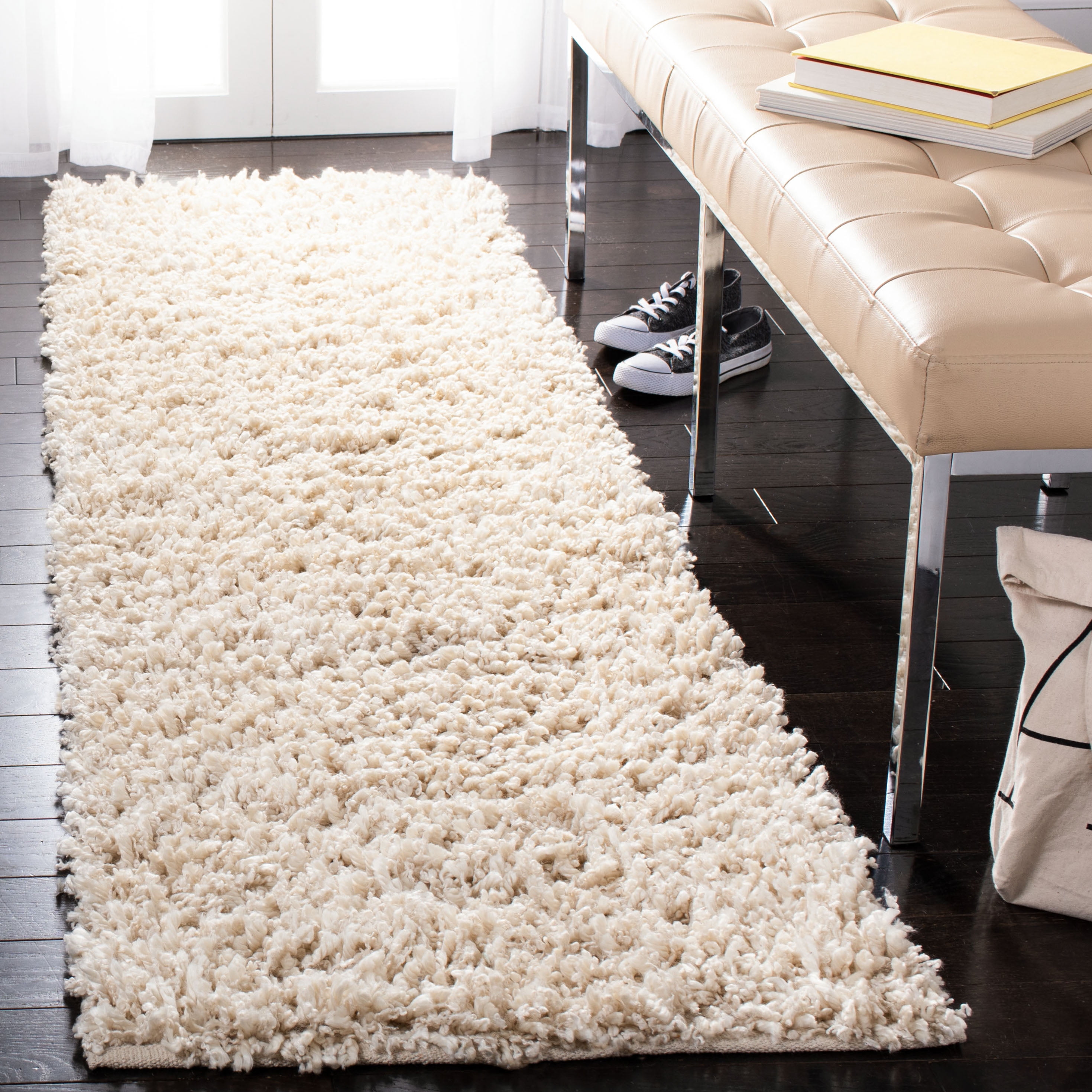 SAFAVIEH Sheep Cherette Solid Polyester Shag Runner Rug, Ivory, 2'3" x 8'