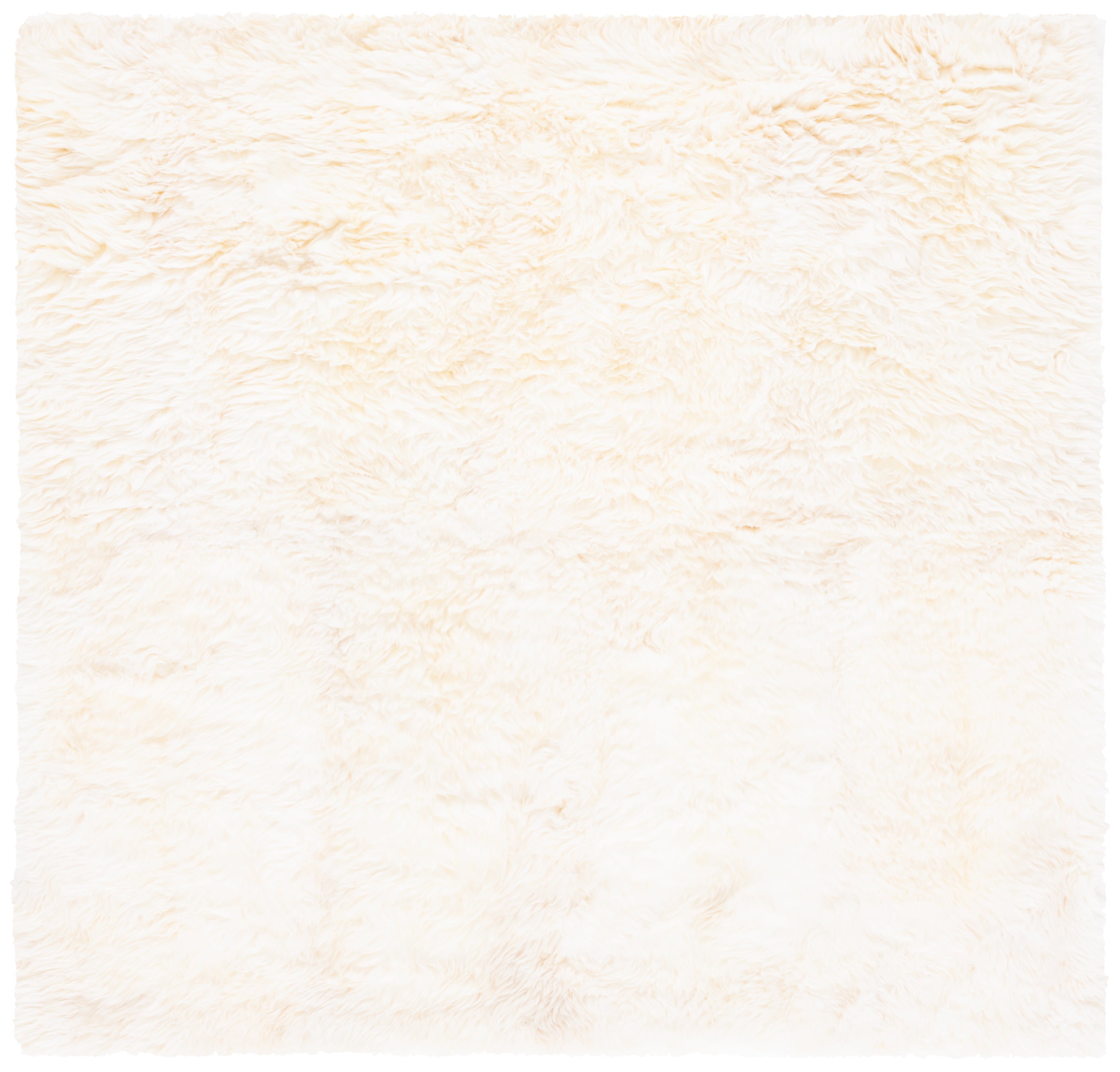 Luxurious Hand-Knotted Sheepskin 8' Square Rug in White and Beige