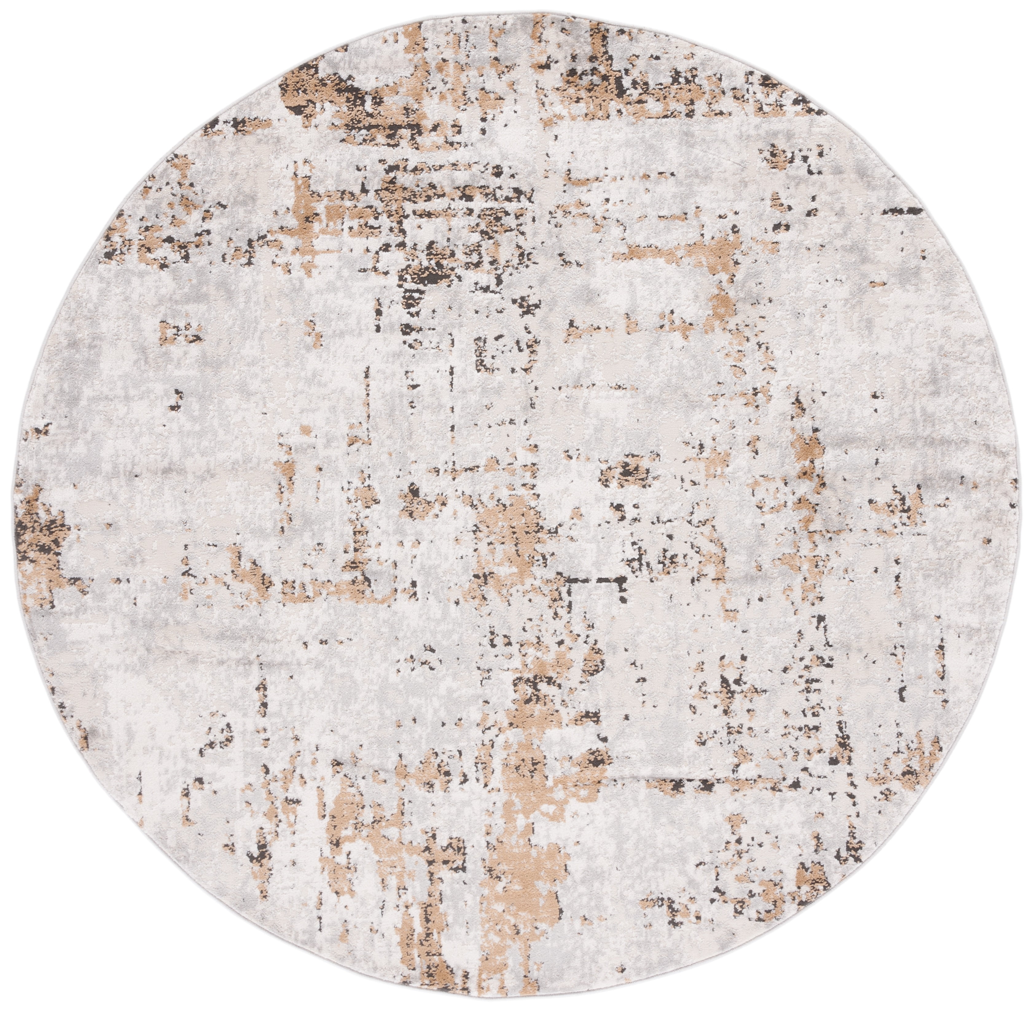 Shivan 4' Round Grey and Gold Abstract Synthetic Area Rug