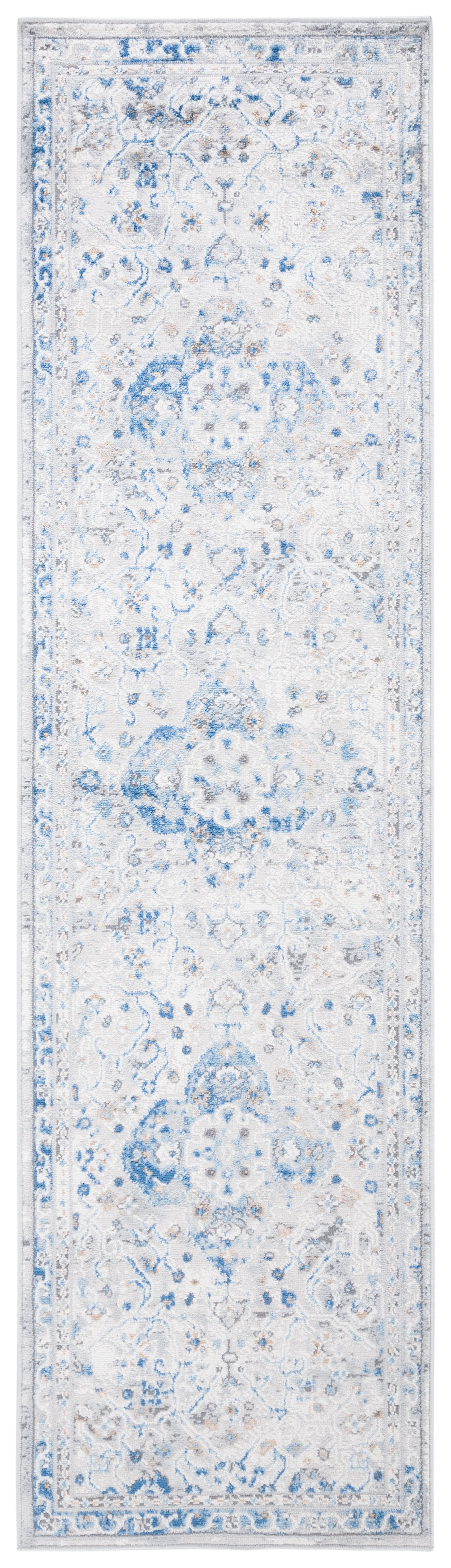 Ivory and Blue Synthetic Non-slip Runner Rug, 2'2" x 8'