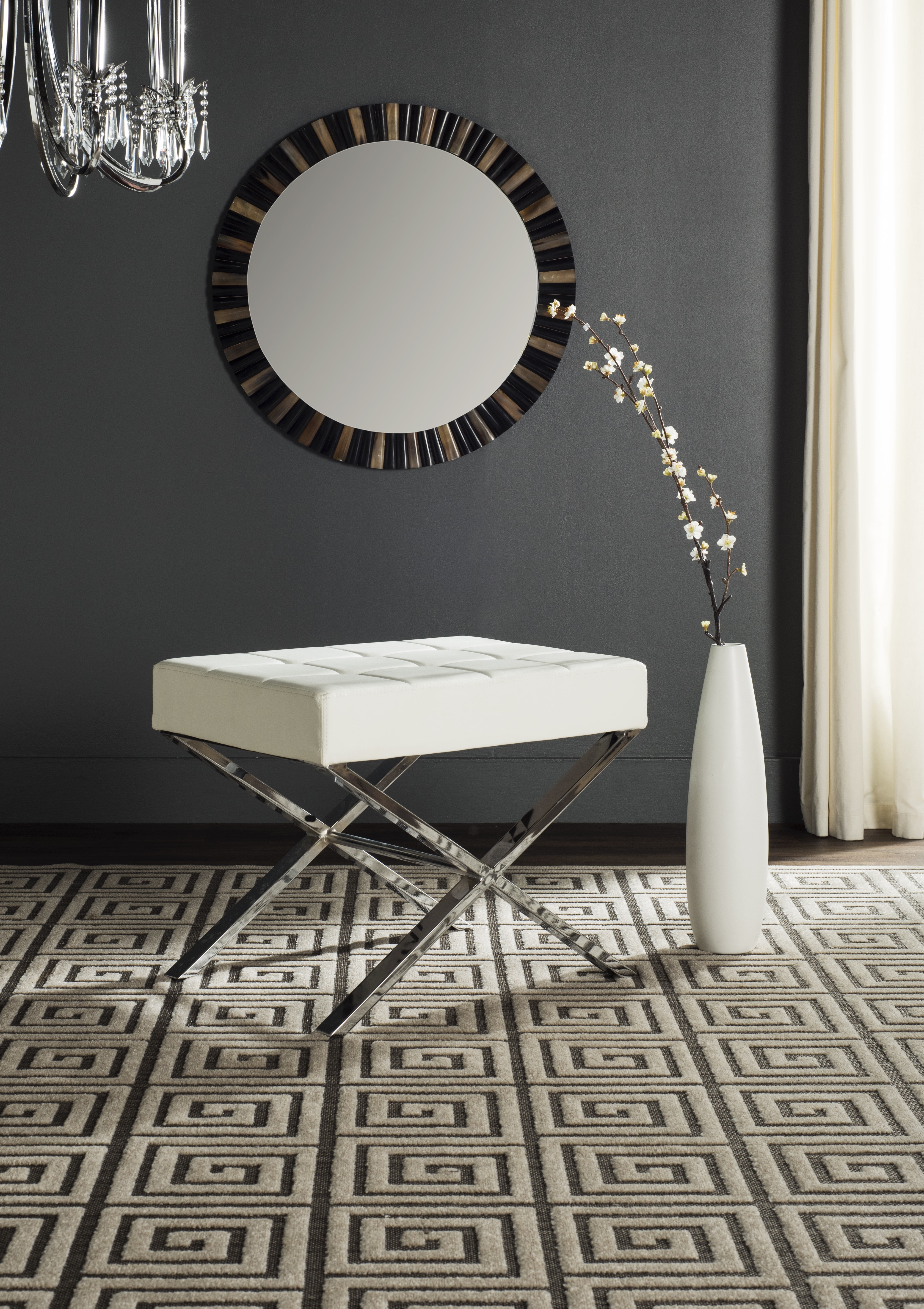 Sienna White Faux Leather Ottoman with Chrome X-Legs