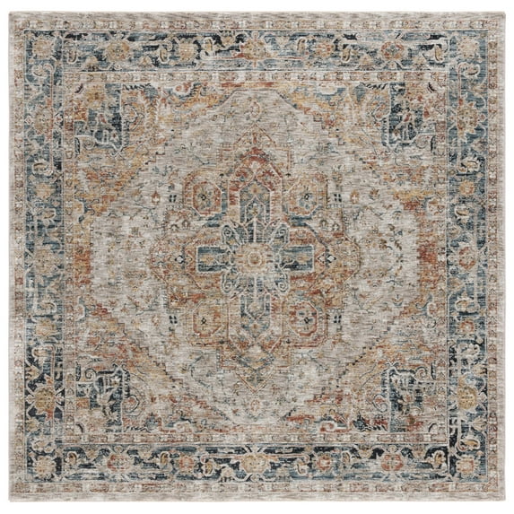SAFAVIEH Silverado Sebastian Medallion Polyester Area Rug, Ivory/Blue, 6'4" x 6'4" Square