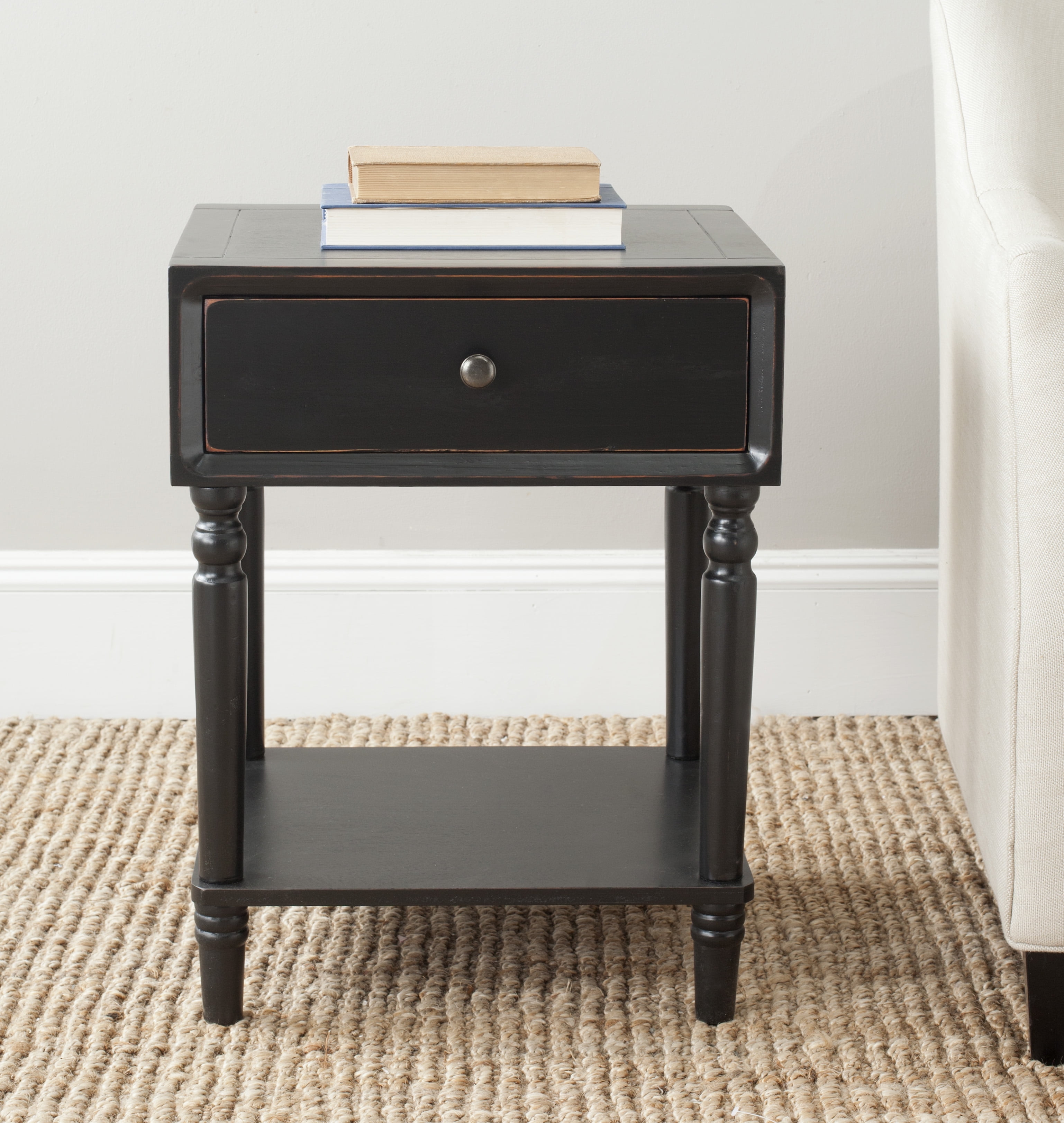 Siobhan Black Pine Wood End Table with Storage