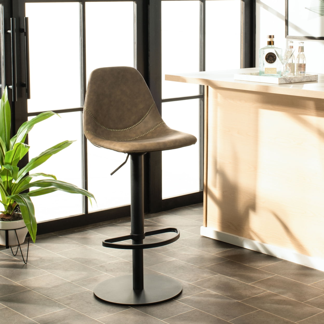 Olive Faux Leather Adjustable Swivel Barstool with Black Metal Base