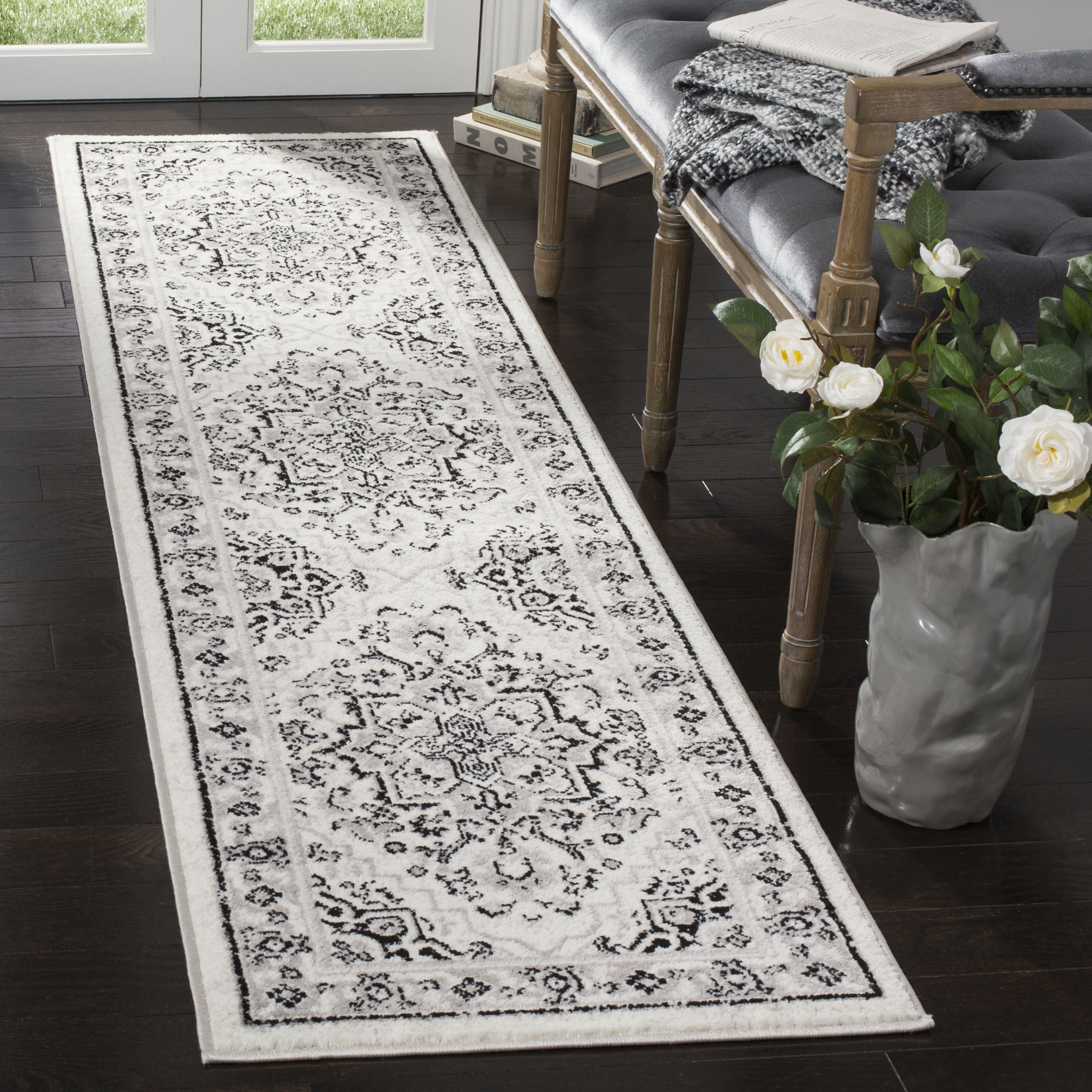 SAFAVIEH Skyler Collection 2' x 12' Grey/Ivory SKY126K Boho Chic Distressed Medallion Non-Shedding Living Room Bedroom Runner Rug