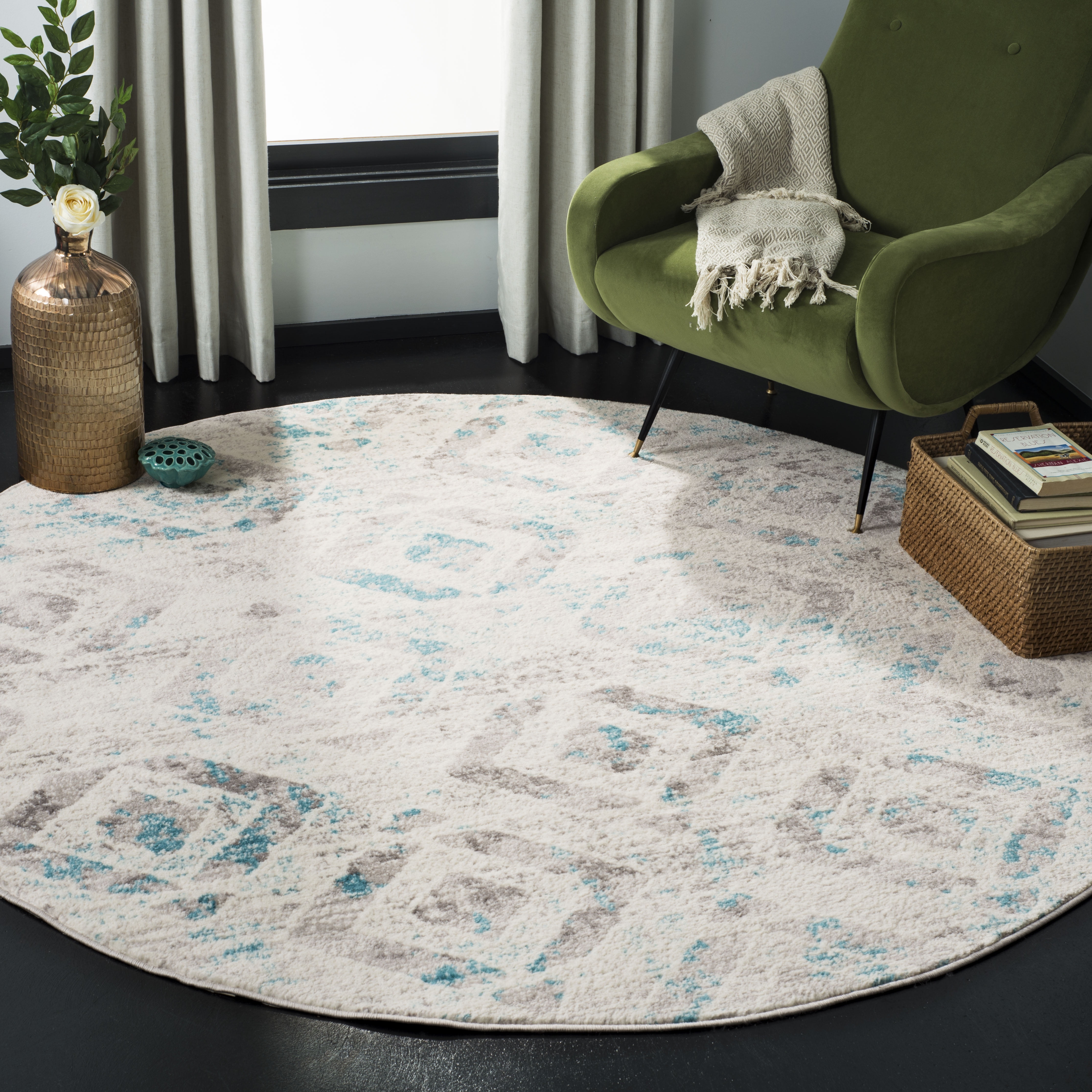 SAFAVIEH Skyler Salim Geometric Area Rug, Ivory/Blue, 6'7" x 6'7" Round