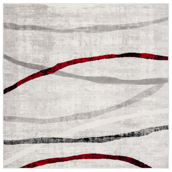 SAFAVIEH Skyler Elouise Geometric Striped Area Rug, Ivory Grey/Red, 6'7" x 6'7" Square
