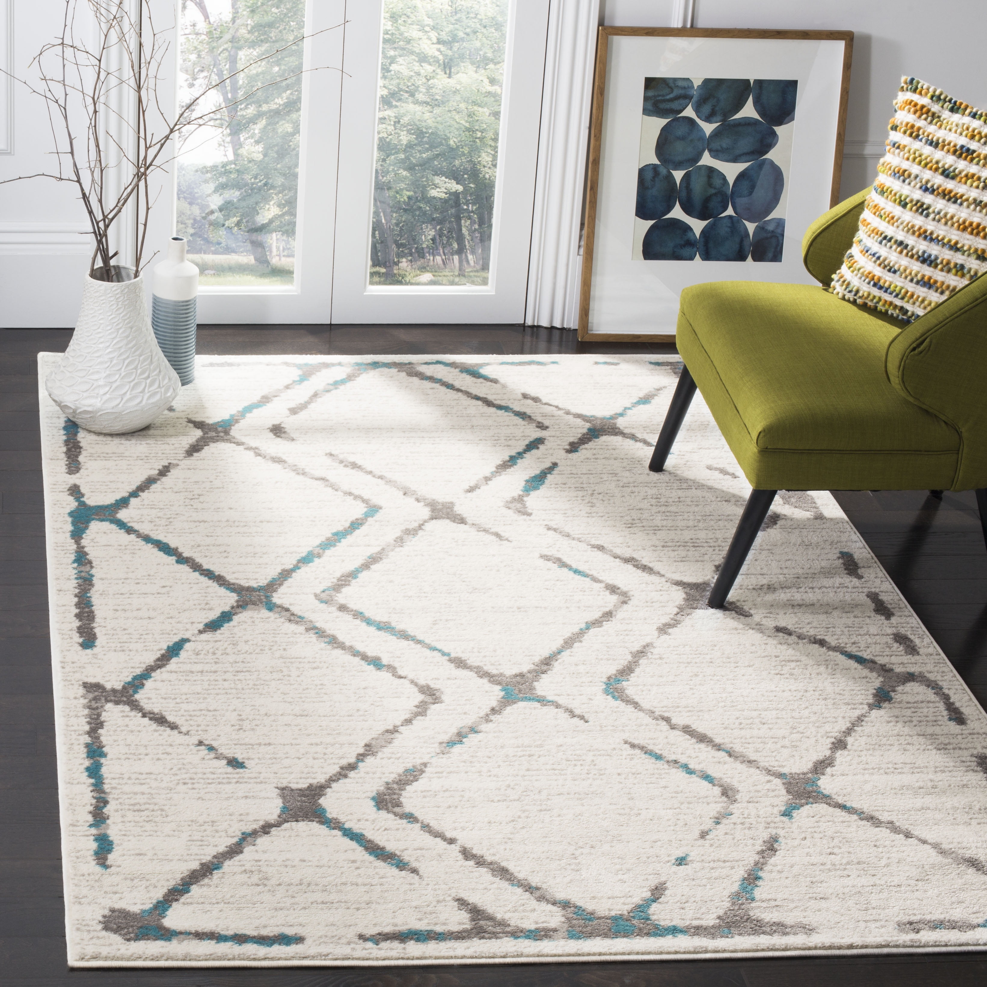 SAFAVIEH Skyler Leontyne Geometric Area Rug, Ivory/Blue, 9' x 12'