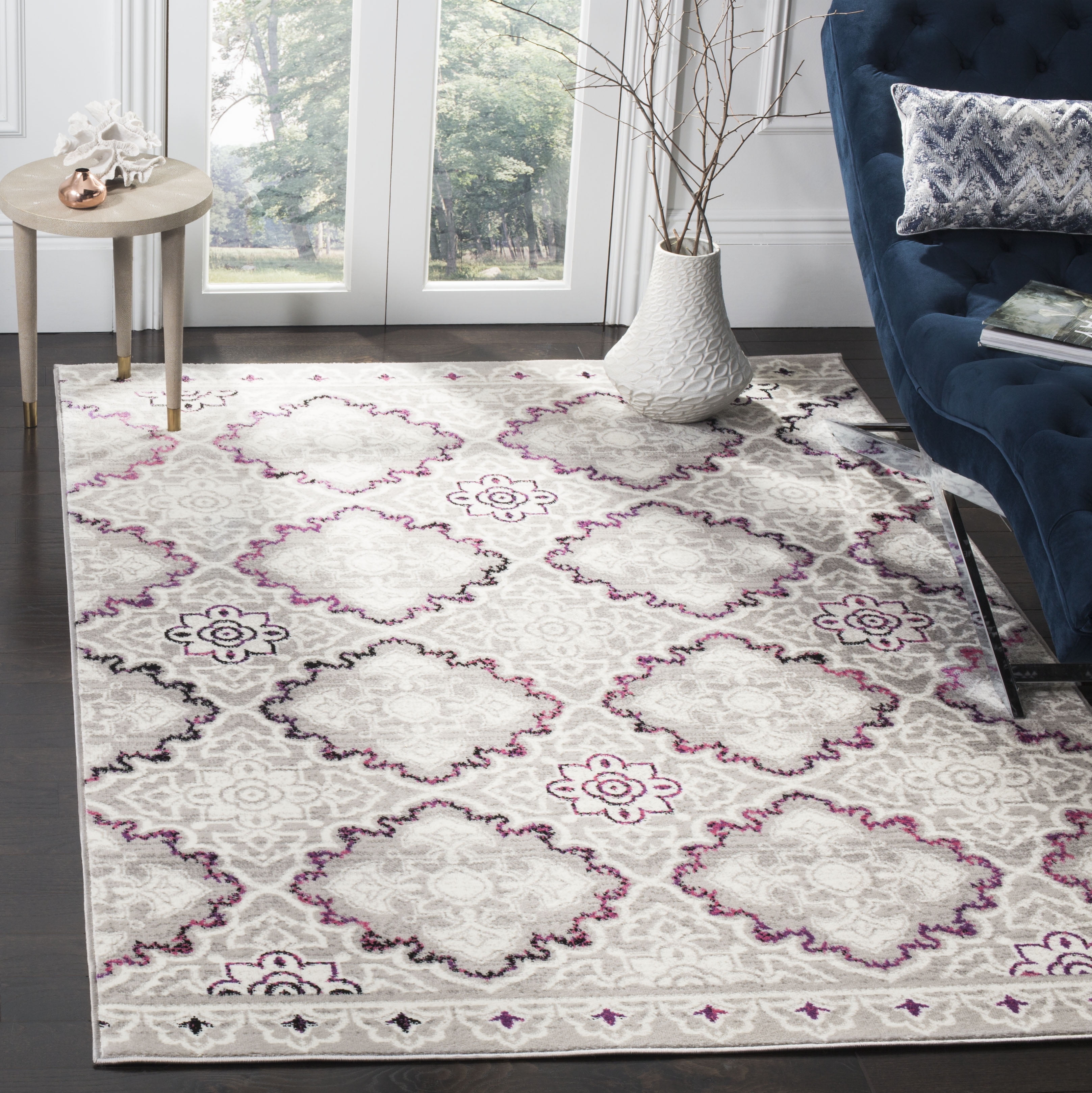 Gray and Pink Floral Synthetic 5' x 7' Area Rug