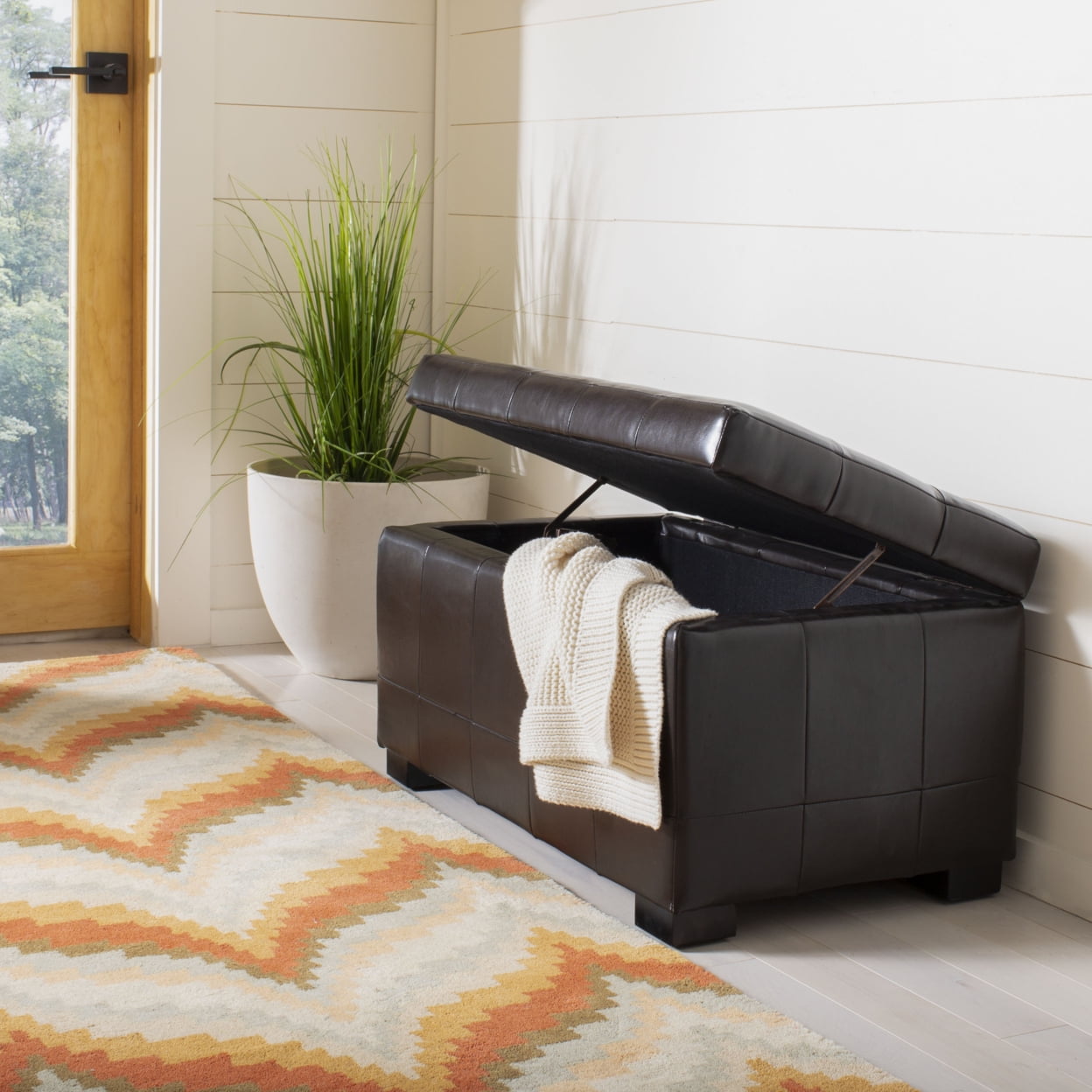 Manhattan Brown Leather Storage Bench with Beech Frame