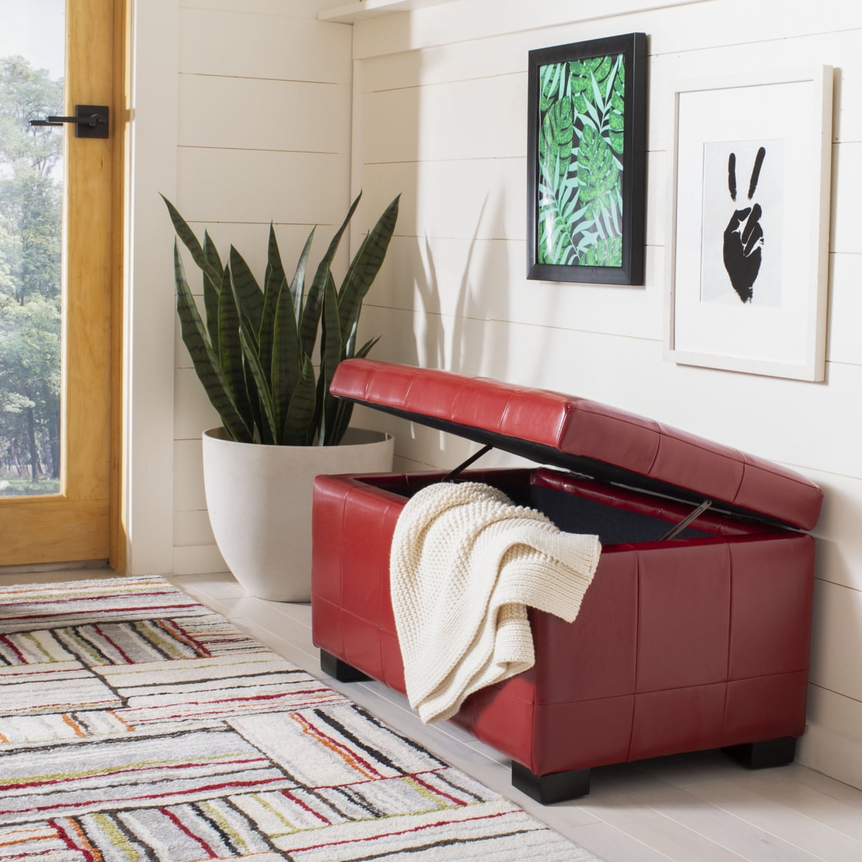 Small Red Quilted Leather Storage Bench with Black Legs