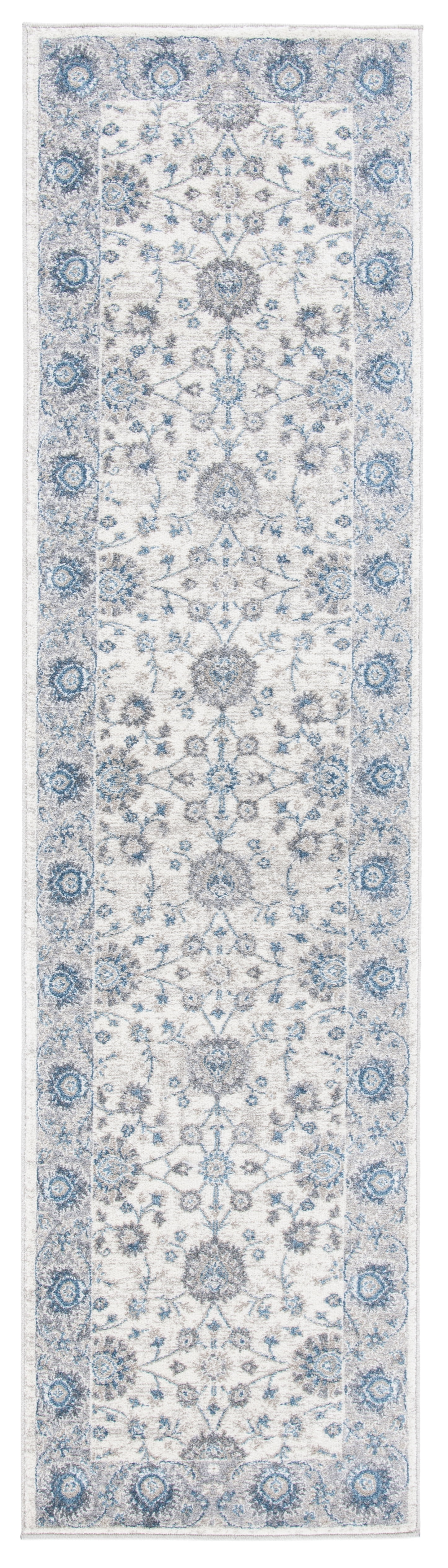 Ivory and Blue Synthetic Hand-Knotted Runner Rug