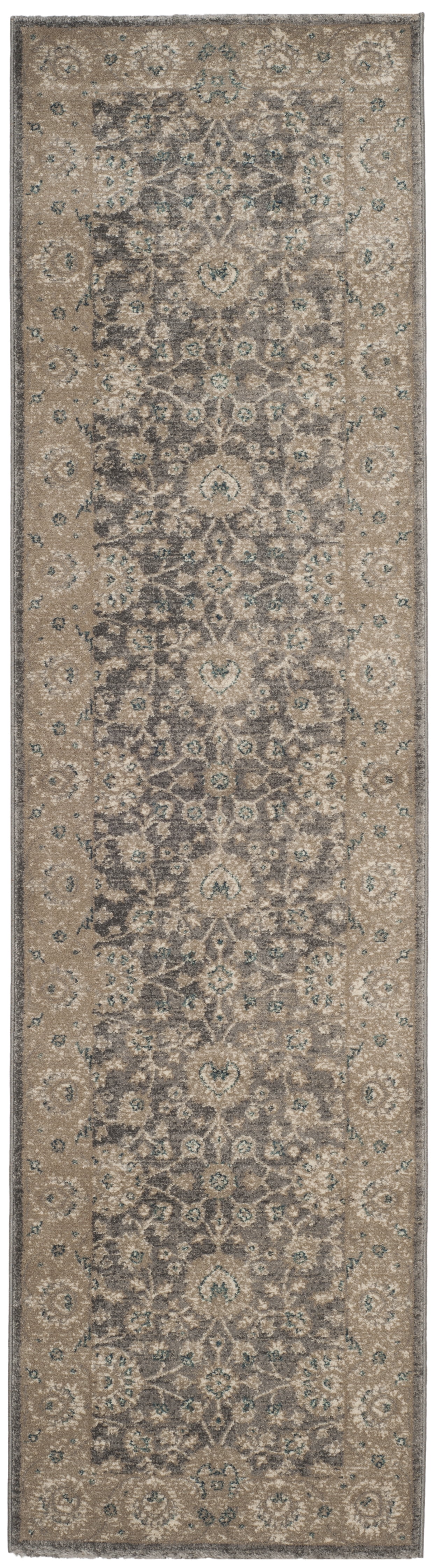Gray Floral Motif Synthetic Runner Rug 2'2" x 10'