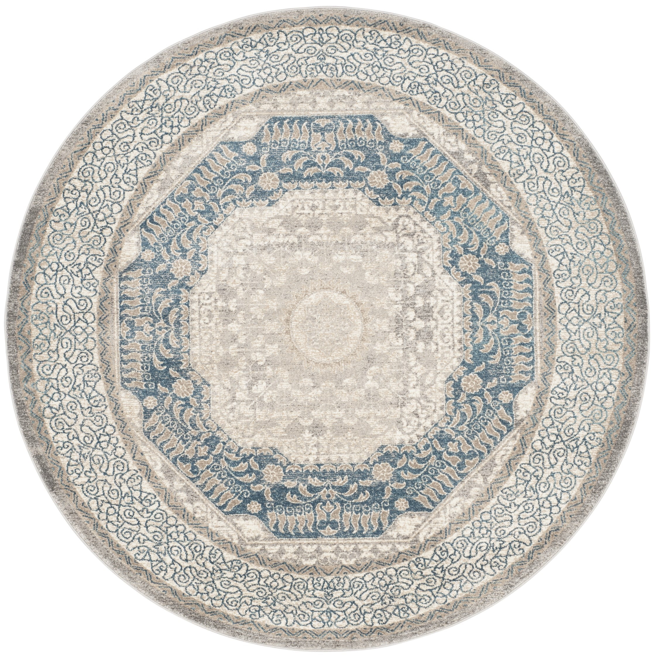 SAFAVIEH Sofia Waylon Geometric Bordered Area Rug, Light Grey/Blue, 3' x 3' Round