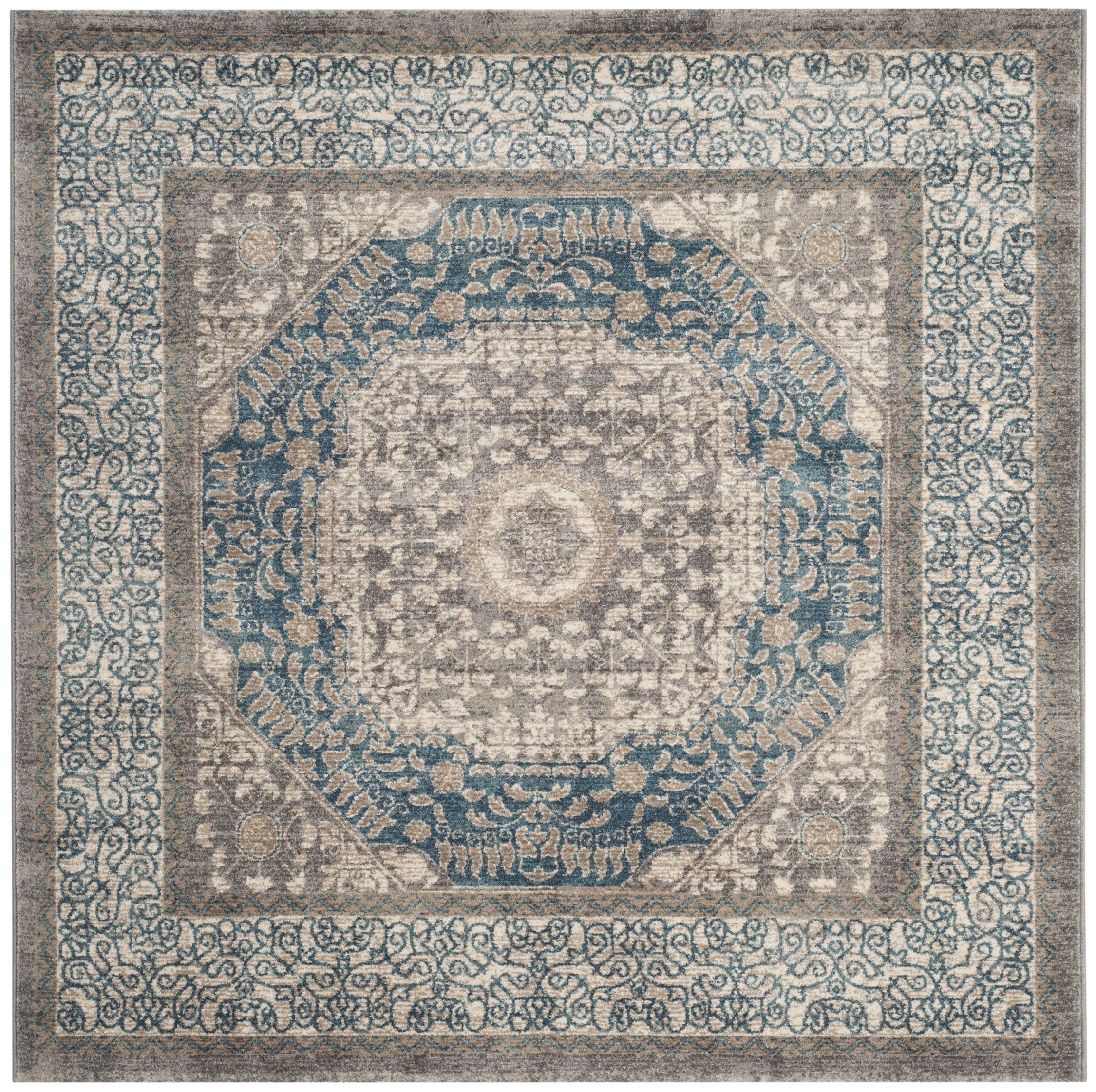 SAFAVIEH Sofia Waylon Geometric Bordered Area Rug, Light Grey/Blue, 3' x 3' Square