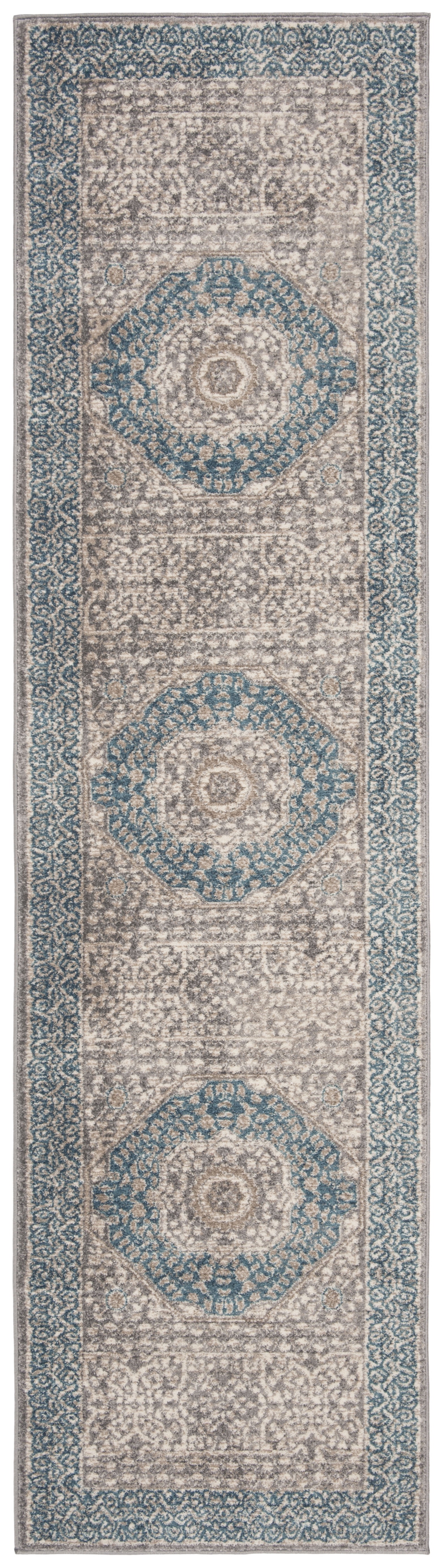 SAFAVIEH Sofia Waylon Geometric Bordered Runner Rug, Light Grey/Blue, 2'2" x 18'