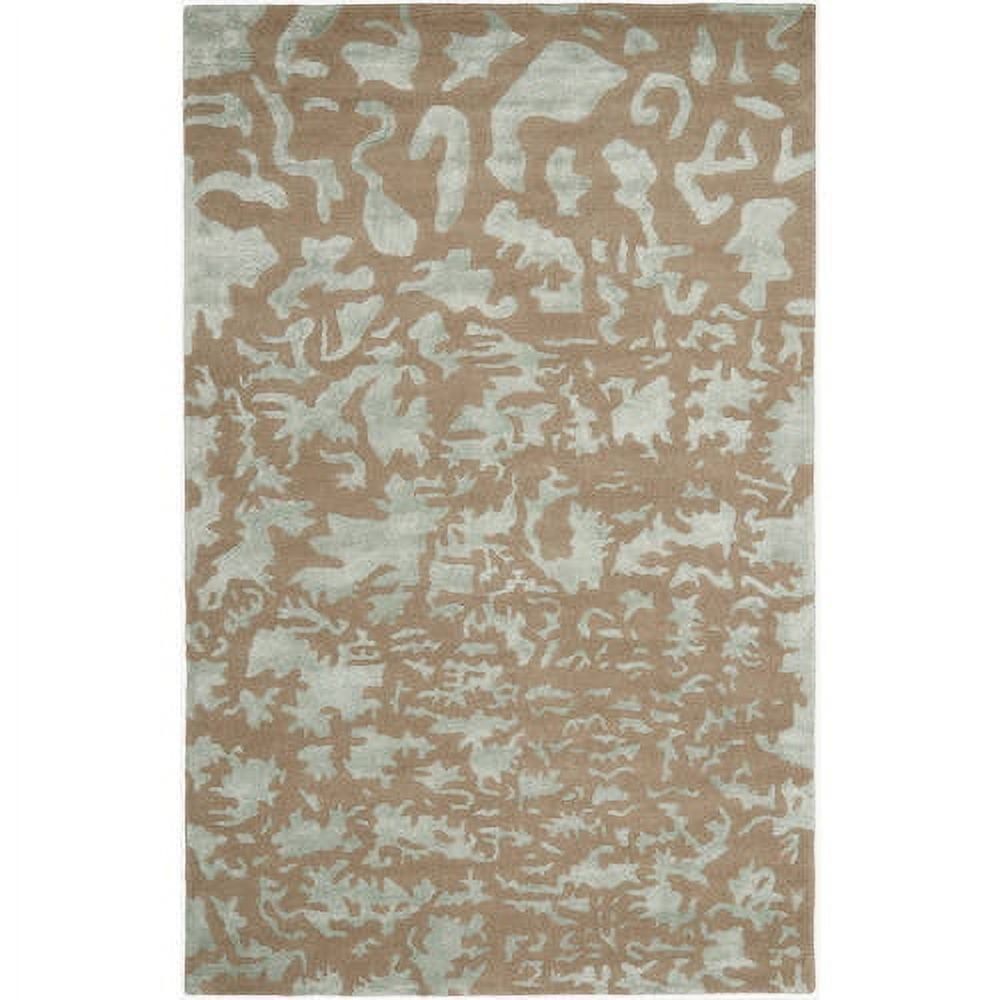 Taupe and Light Blue Handmade Wool and Viscose Area Rug, 5' x 8'