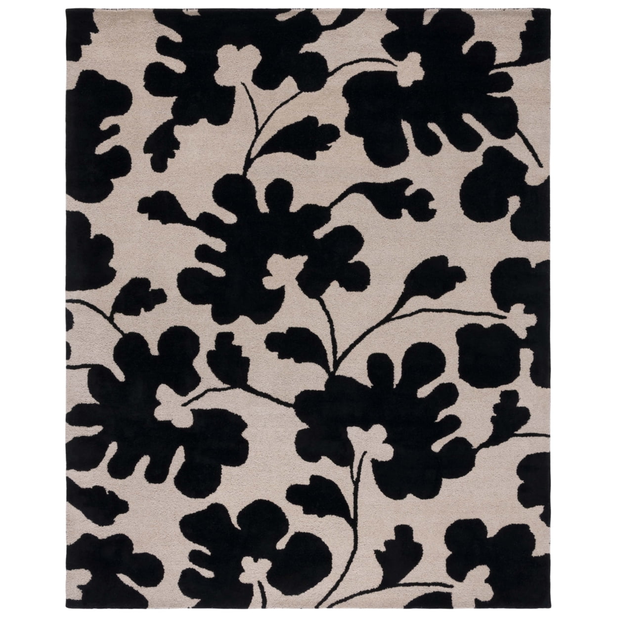 Beige and Black Floral Tufted Wool Area Rug, 9'6" x 13'6"
